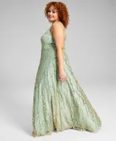 Say Yes Trendy Plus Glitter Mesh Gown, Created for Macy's