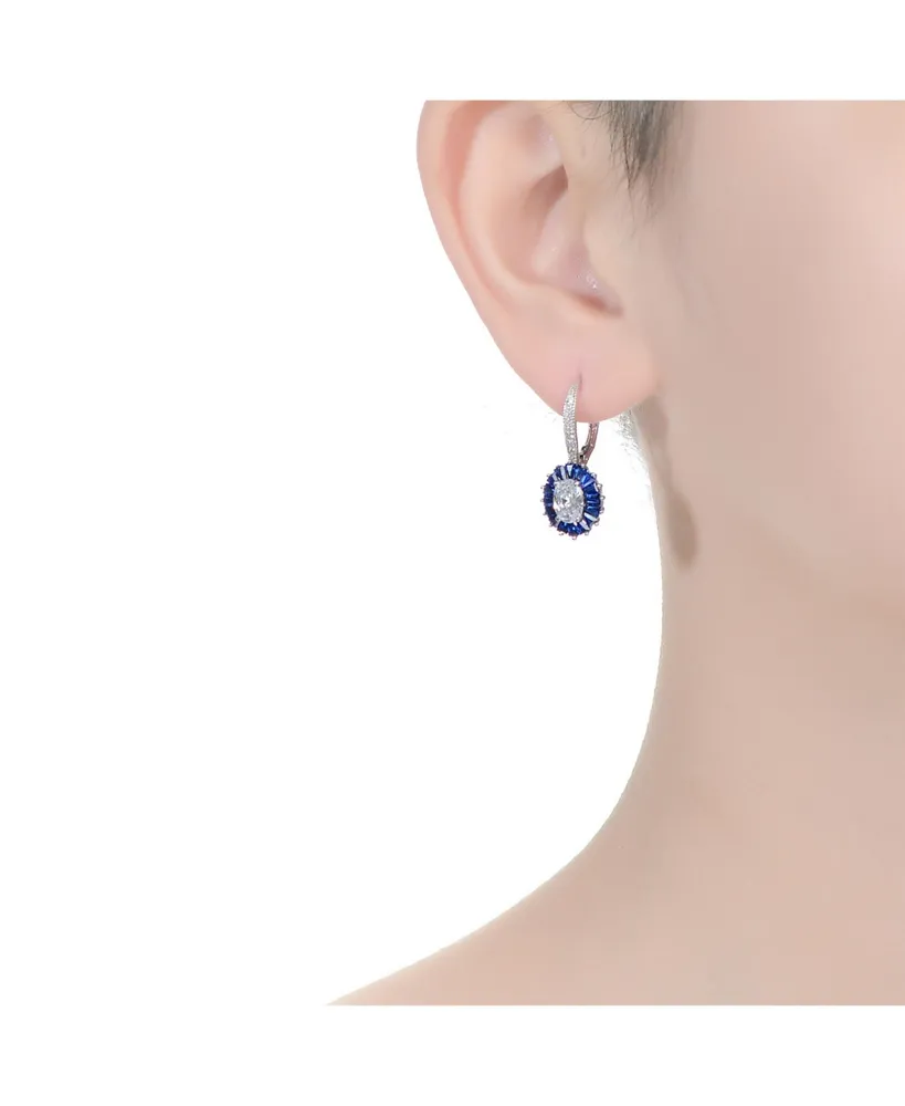 Genevive Gv Sterling Silver White Gold Plated and Sapphire Cubic Zirconia Leaverback Earrings