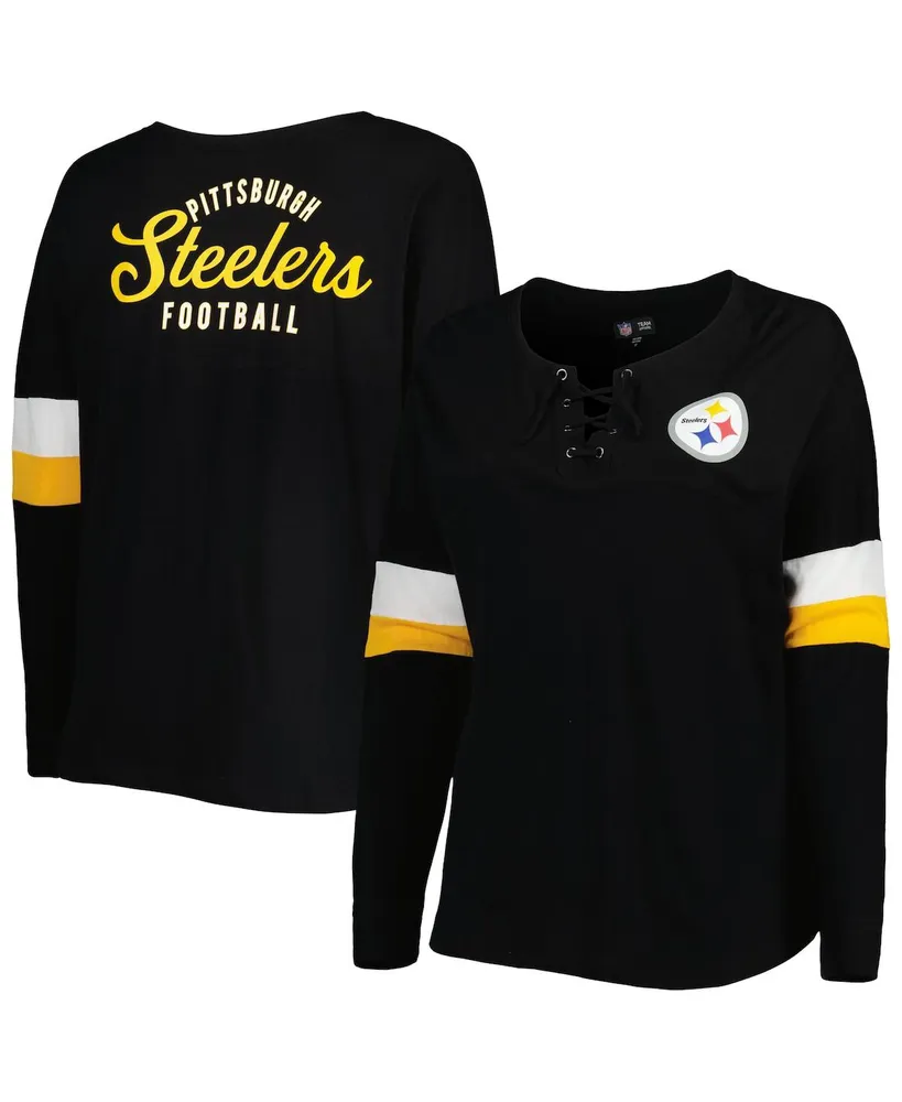 Home, New Era Women's New Era Black Pittsburgh Steelers Plus Size Athletic  Varsity Lace-Up V-Neck Long Sleeve T-shirt
