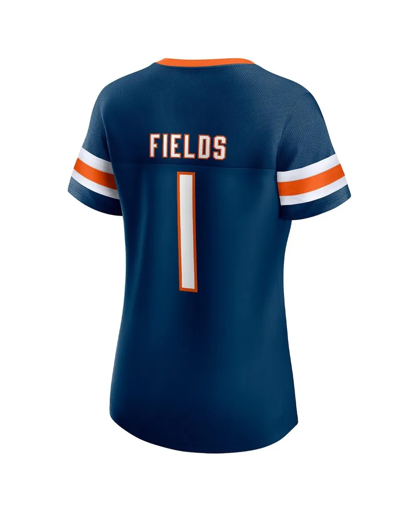 Women's Fanatics Justin Fields Navy Chicago Bears Athena Name and Number Notch Neck T-shirt