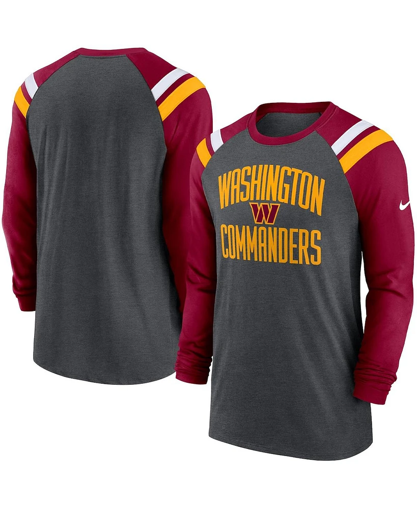 Men's Nike Heathered Charcoal, Burgundy Washington Commanders Tri-Blend Raglan Athletic Long Sleeve Fashion T-shirt