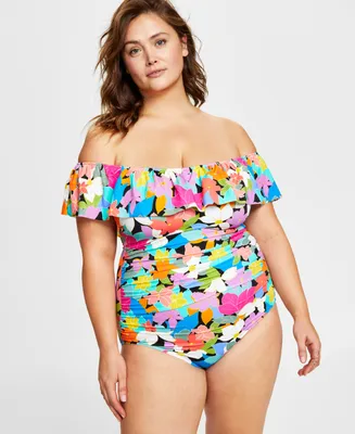 Swim Solutions Plus Tummy Control Off-The-Shoulder Ruffled Swimsuit, Created For Macy's