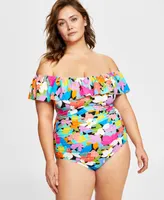 Swim Solutions Plus Tummy Control Off-The-Shoulder Ruffled Swimsuit, Created For Macy's