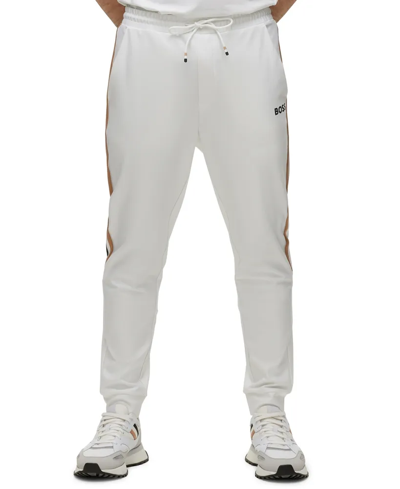 BOSS - Monogram-print tracksuit bottoms with signature-stripe tape