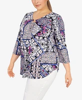 Ruby Rd. Plus Size Knit Folk Patchwork Puff Print Top