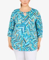 Ruby Rd. Plus Size Geometric Leaves Puff Print Knit Top
