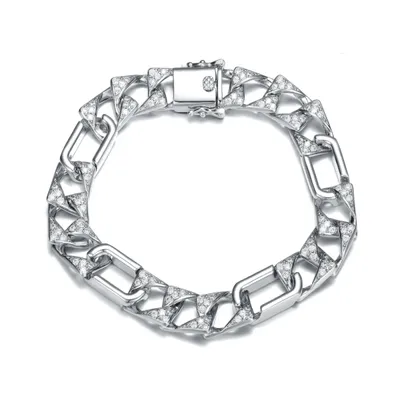 Genevive Men's Sterling Silver White Gold Plated with Iced Out Cubic Zirconia Mixed Cuban Chain Bracelet