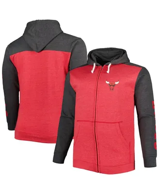 Fanatics Men's Heathered Red, Black Chicago Bulls Big and Tall Down Distance Full-Zip Hoodie