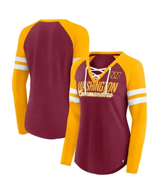 Women's Fanatics Burgundy, Gold Washington Commanders True to Form Raglan Lace-Up V-Neck Long Sleeve T-shirt