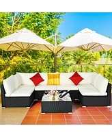 7PCS Patio Rattan Furniture Set Sectional Sofa Cushioned Glass Table