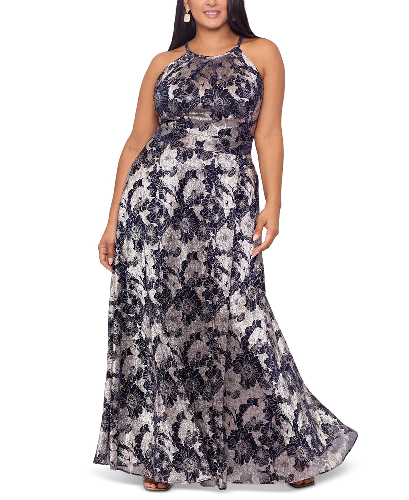 Betsy & Adam Plus Floral Foil Print Halter-Neck Gown