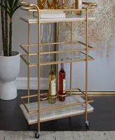 Rosemary Lane 27" x 13" x 33" Marble Rolling 1 Glass and 2 Marble Shelves with Handles Bar Cart