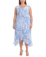 London Times Plus Ruffled Floral-Print Faux-Wrap Dress