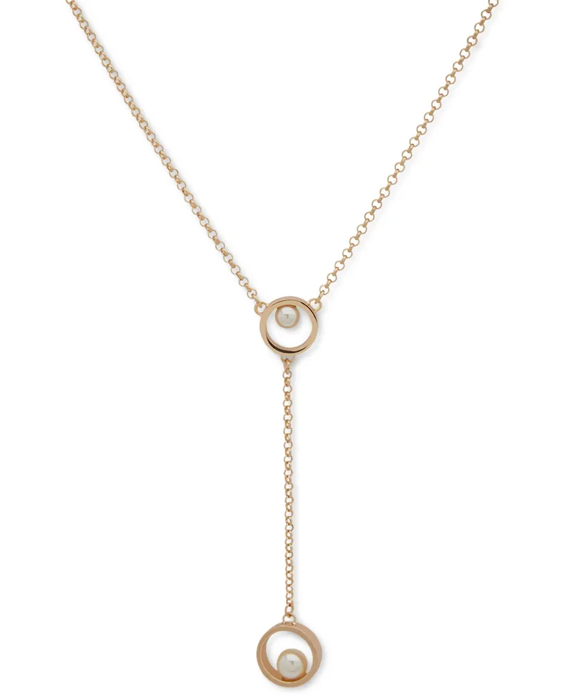 Karl Lagerfeld Paris Gold-Tone Imitation Pearl Lariat Necklace, 16" + 3" extender