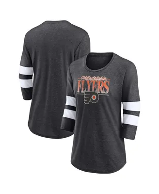 Women's Fanatics Heathered Charcoal, White Philadelphia Flyers Full Shield 3/4-Sleeve Tri-Blend Raglan Scoop Neck T-shirt