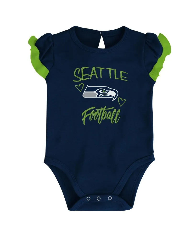 Newborn and Infant Boys and Girls College Navy, Neon Green Seattle Seahawks Too Much Love Two-Piece Bodysuit Set