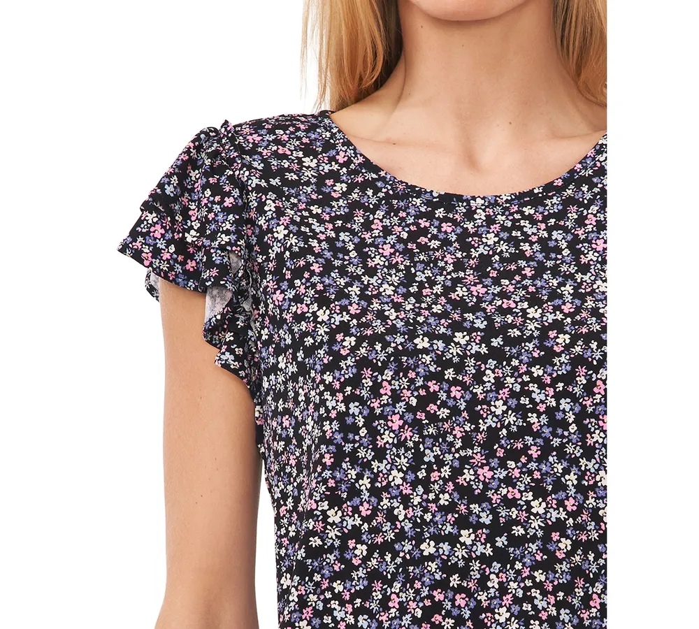 CeCe Women's Floral-Print Double-Ruffle Sleeve Top