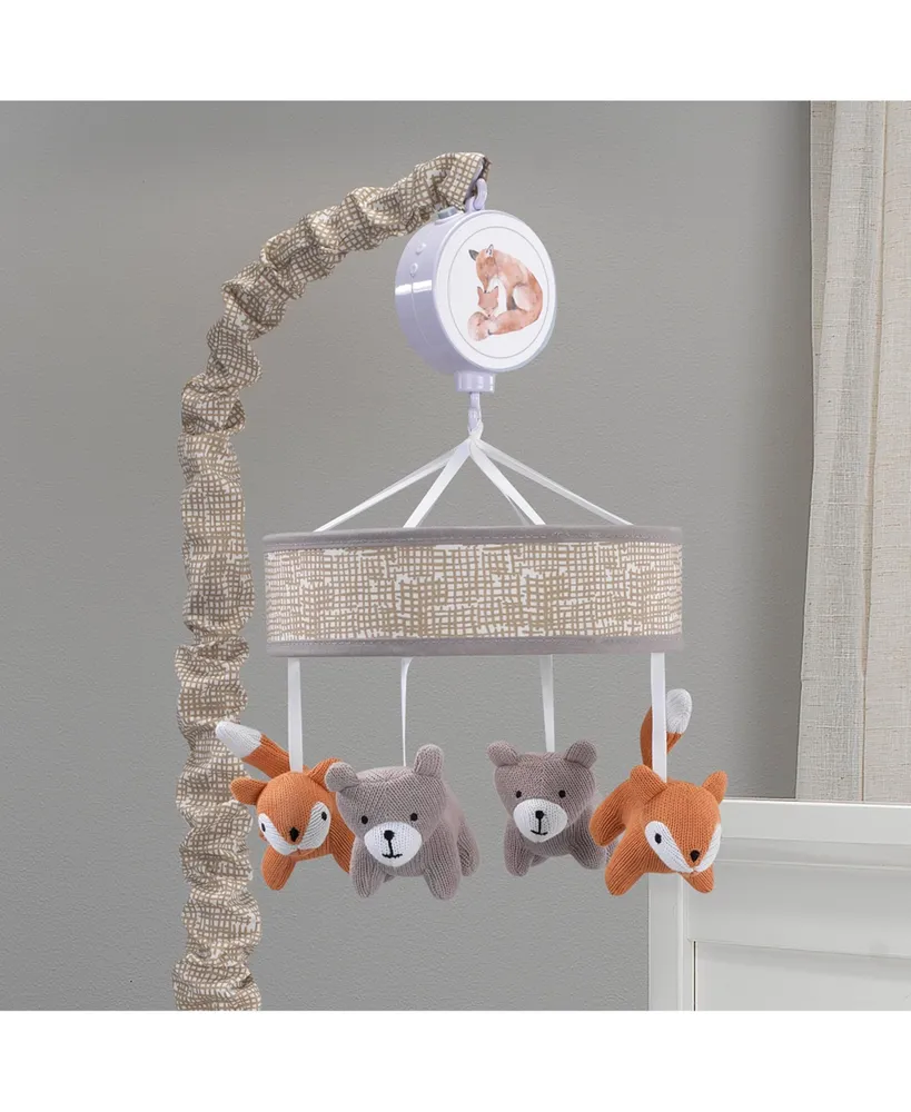 Lambs & Ivy Painted Forest Gray/Beige Fox and Bear Baby Crib Musical Mobile