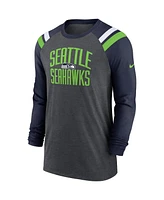 Men's Nike Heathered Charcoal, College Navy Seattle Seahawks Tri-Blend Raglan Athletic Long Sleeve Fashion T-shirt
