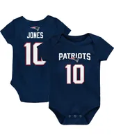 Newborn and Infant Navy Boys Girls Mac Jones New England Patriots Mainliner Player Name Number Bodysuit