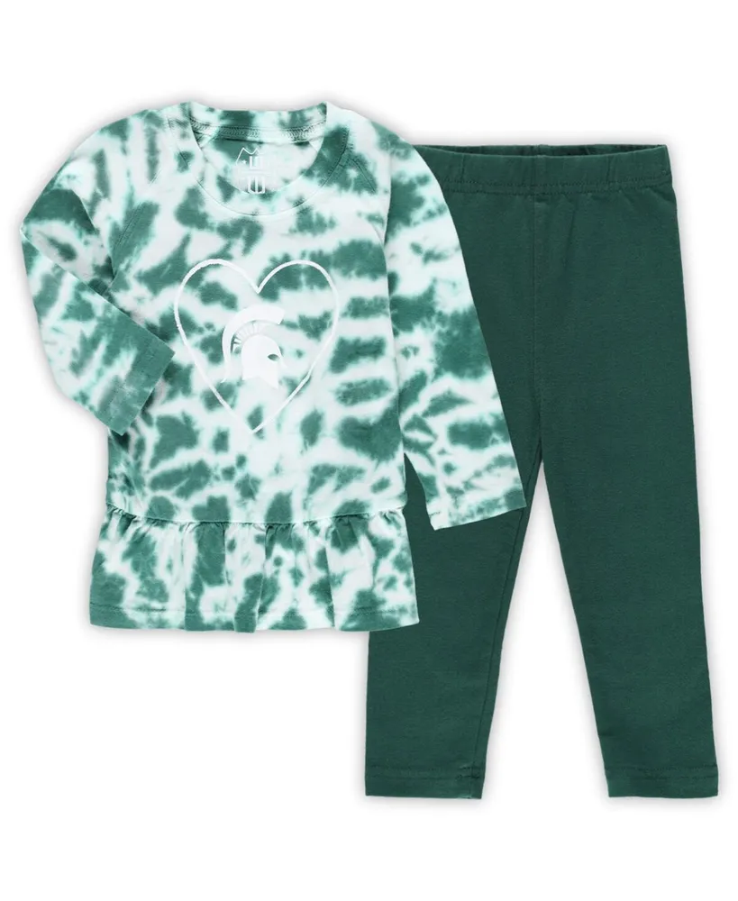 Infant Girls Wes & Willy Green Michigan State Spartans Tie-Dye Ruffle Raglan Long Sleeve T-shirt and Leggings Set