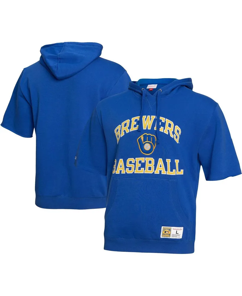 Men's Mitchell & Ness Royal Milwaukee Brewers Cooperstown Collection Washed Fleece Pullover Short Sleeve Hoodie