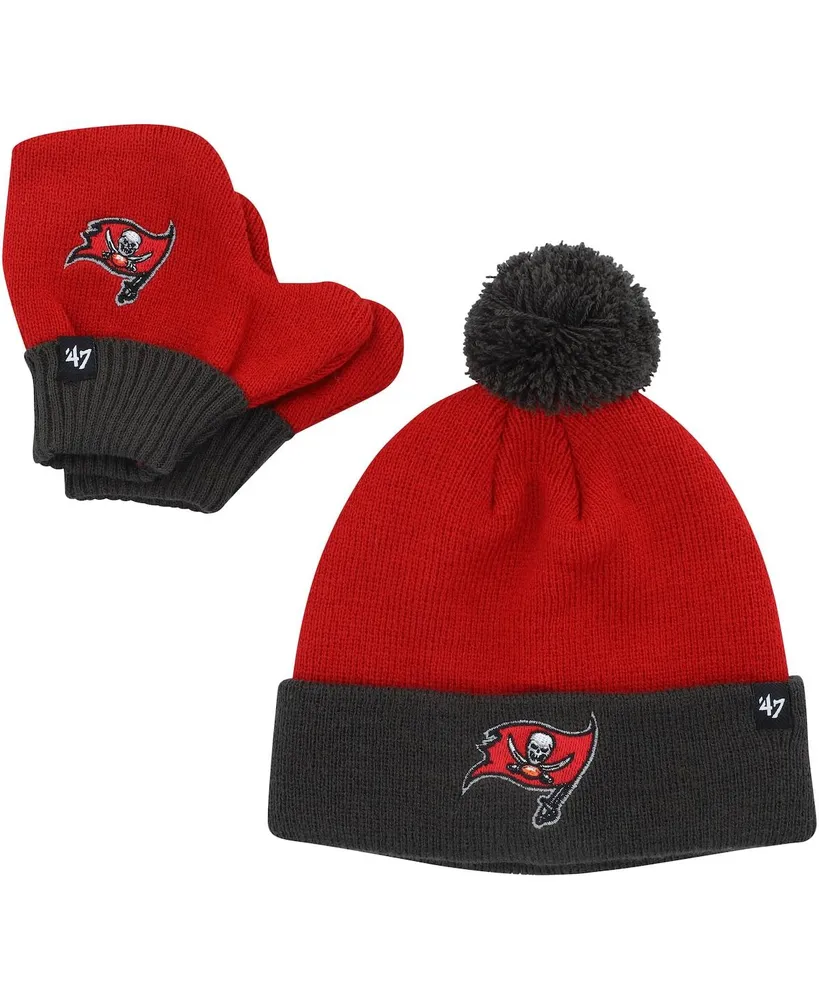 Infant Boys and Girls '47 Brand Red, Pewter Tampa Bay Buccaneers Bam Bam Cuffed Knit Hat with Pom and Mittens Set