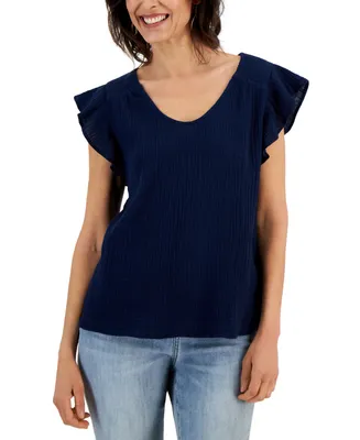 Style & Co Petite Cotton Gauze Flutter-Sleeve Top, Created for Macy's