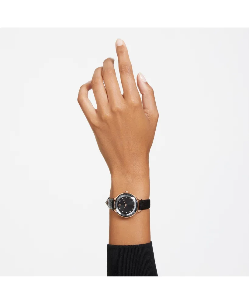 Swarovski Women's Analog Swiss Made Octea Nova Black Leather Strap Watch, 33mm