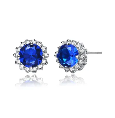 Sterling Silver Clear and Deep Color Cubic Zirconia Button Earrings