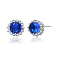 Genevive Sterling Silver Clear and Deep Color Cubic Zirconia Button Earrings