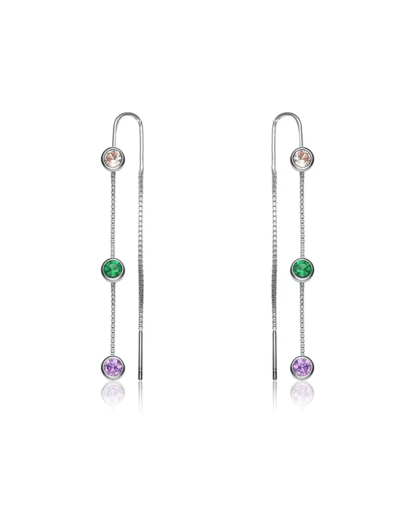 Genevive Sterling Silver White Gold Plated Round Multi Color Bezel Set Threaded Earrings