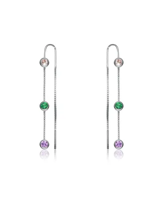 Genevive Sterling Silver White Gold Plated Round Multi Color Bezel Set Threaded Earrings