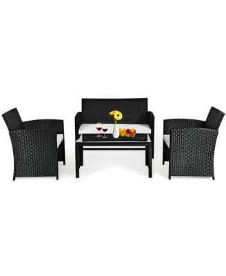 Costway 4PCS Outdoor Patio Rattan Furniture Conversation Set Cushioned Sofa Coffee Table