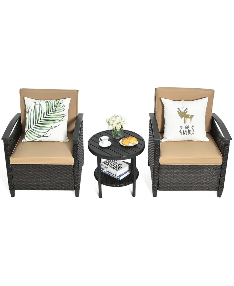 3PCS Patio Rattan Furniture Set Cushioned Sofa Storage Table W/ Shelf Garden