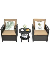 3PCS Patio Rattan Furniture Set Cushioned Sofa Storage Table W/ Shelf Garden