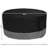 Heavy Duty Round Outdoor Fire Pit Cover with Drawstring - 300D Polyester Material - Black/Gray