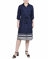 Ny Collection Petite 3/4 Roll Tab Sleeve Belted Shirtdress