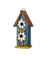 Glitzhome 13.75" H Washed Two-Tiered Distressed Solid Wood Birdhouse with 3D Flowers