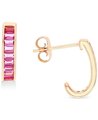 Pink Cubic Zirconia J-Hoop Earrings in 14k Rose Gold Over Sterling Silver