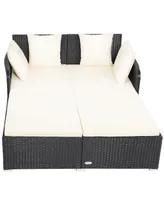 Outdoor Patio Rattan Daybed Pillows Cushioned Sofa Furniture