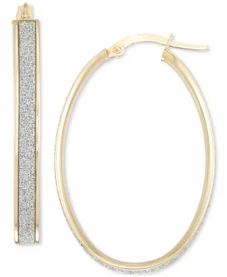 Polished Oval Glitter Hoop Earrings in 14k Gold, 1-1/4"