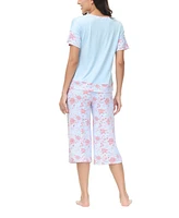 Ink+Ivy Women's Solid Short Sleeve T-shirt with Printed Capri 2 Piece Pajama Set