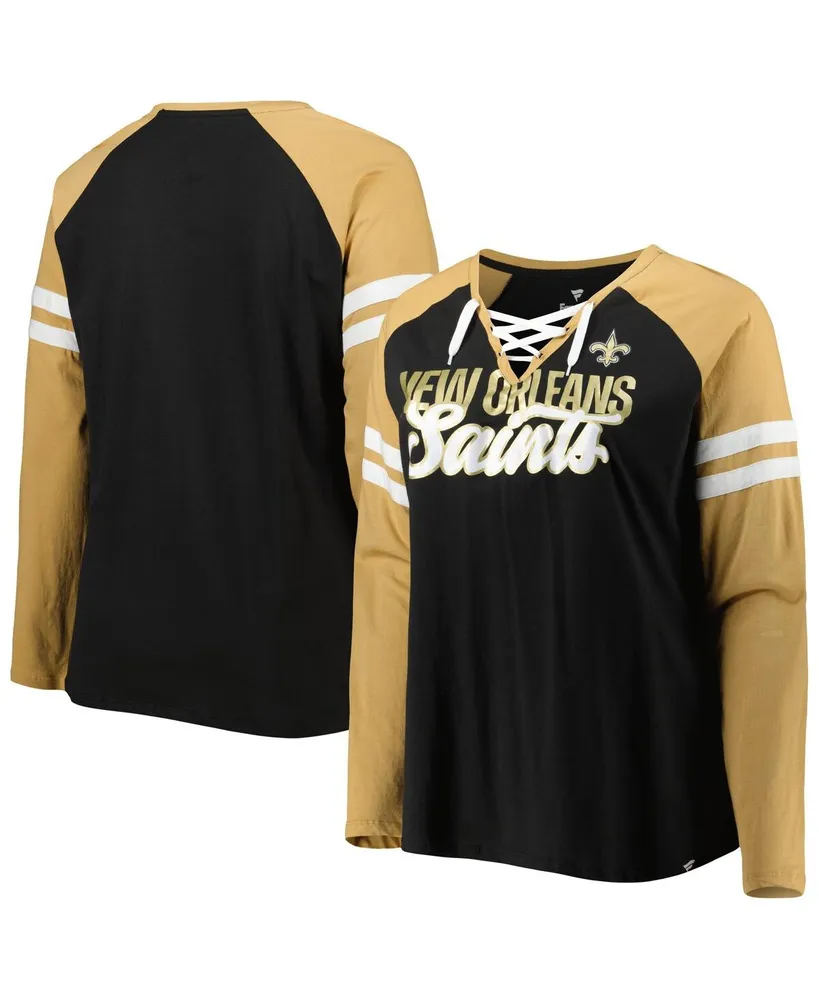 Women's Fanatics Black, Vegas Gold New Orleans Saints Plus True to Form Lace-Up V-Neck Raglan Long Sleeve T-shirt