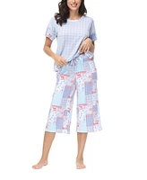 Ink+Ivy Women's Solid Short Sleeve T-shirt with Printed Capri 2 Piece Pajama Set