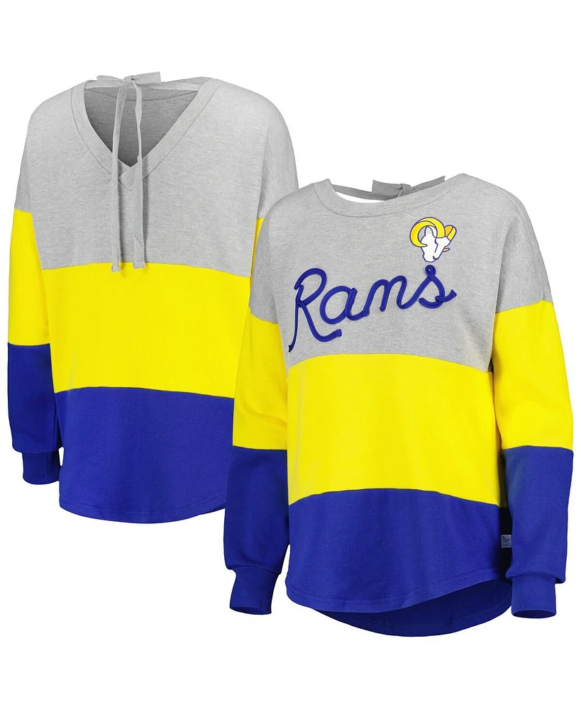 Women's Touch Heathered Gray, Royal Los Angeles Rams Outfield Deep V-Back Pullover Sweatshirt