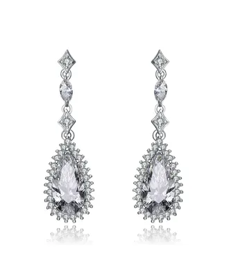 Genevive Sterling Silver White gold Plated Pear Drop Cubic Zirconia with Halo Burst Earrings