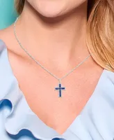 Sterling Silver Halo Birthstone Style Lab Grown Blue Sapphire and Lab Grown White Sapphire Fancy Cut Cross Pendant Necklace