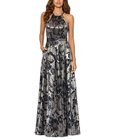 Betsy & Adam Metallic Floral Halter Gown