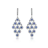 Genevive Cubic Zirconia Sterling Silver Rhodium Plated Sapphire Round Chandelier Earrings